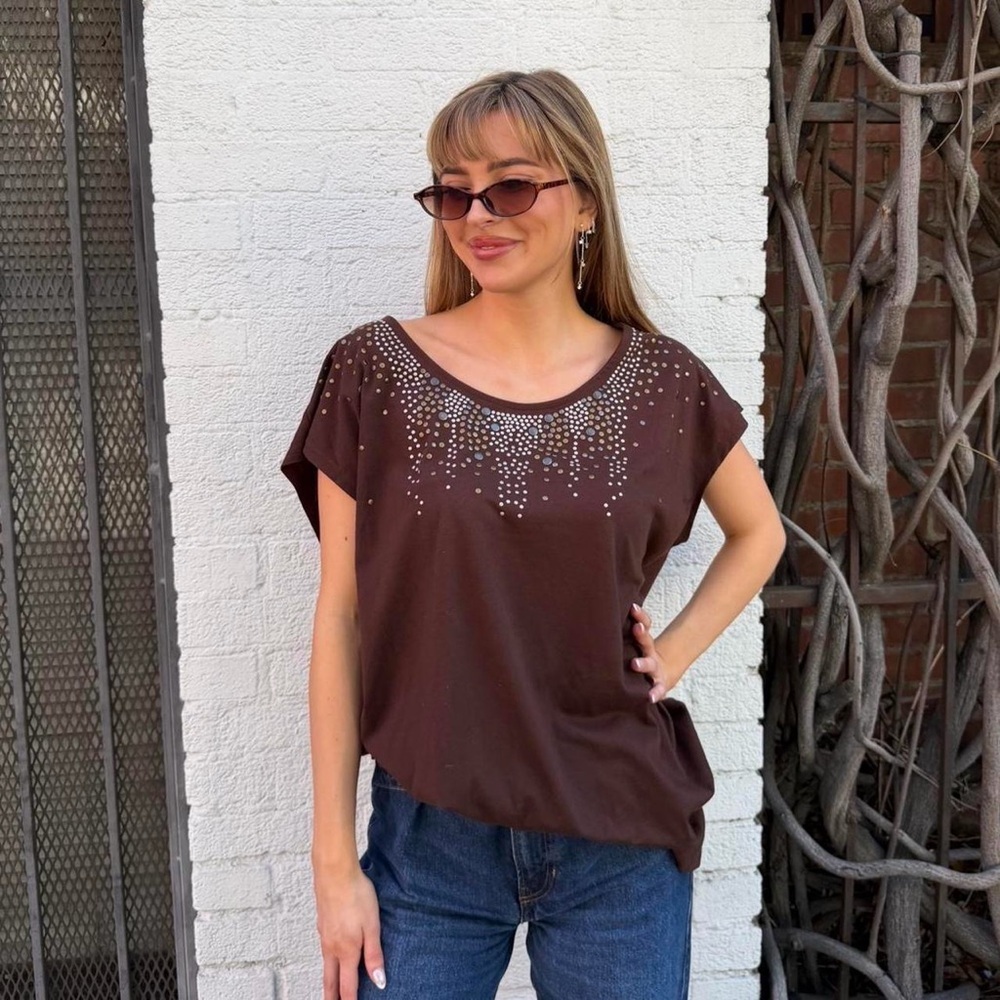 Y2k Brown rhinestone top with a boho vibe / fits sz s-X